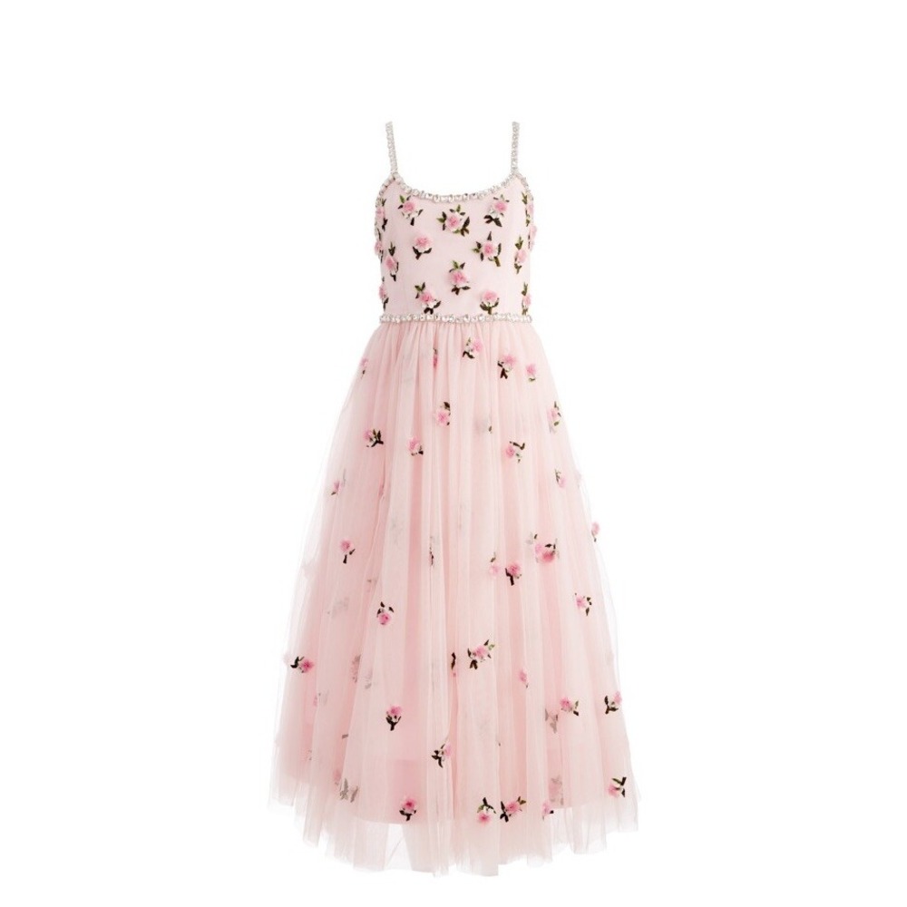 $1995 Alice+Olivia Lupita Crystal Strap Embellish Tulle Floral pink Midi Gown 2